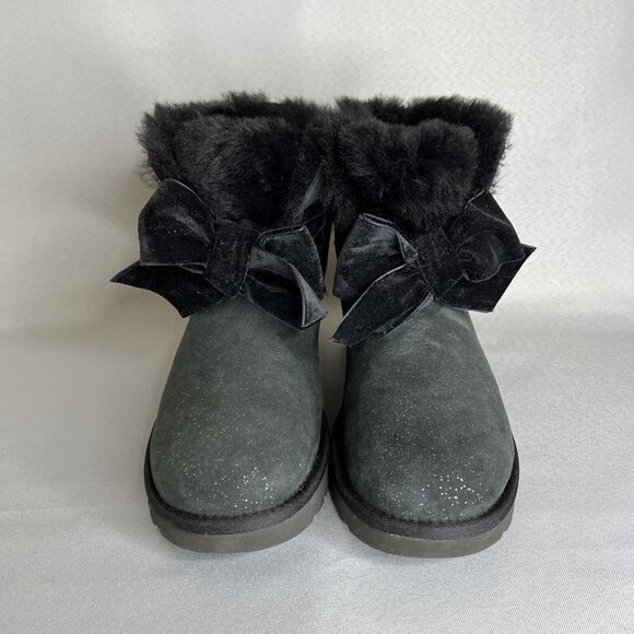 Women's Ugg Boots Sz 7 Black Gita Twinkle Bow Mini Bootie Satin Bow Glitter-like - Picture 8 of 16